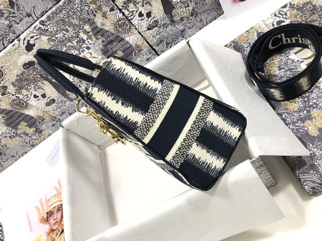 Dior女包 迪奧Lady D-Lite五格刺繡條紋藍色戴妃包 Dior手提肩背斜挎包  dfk1836